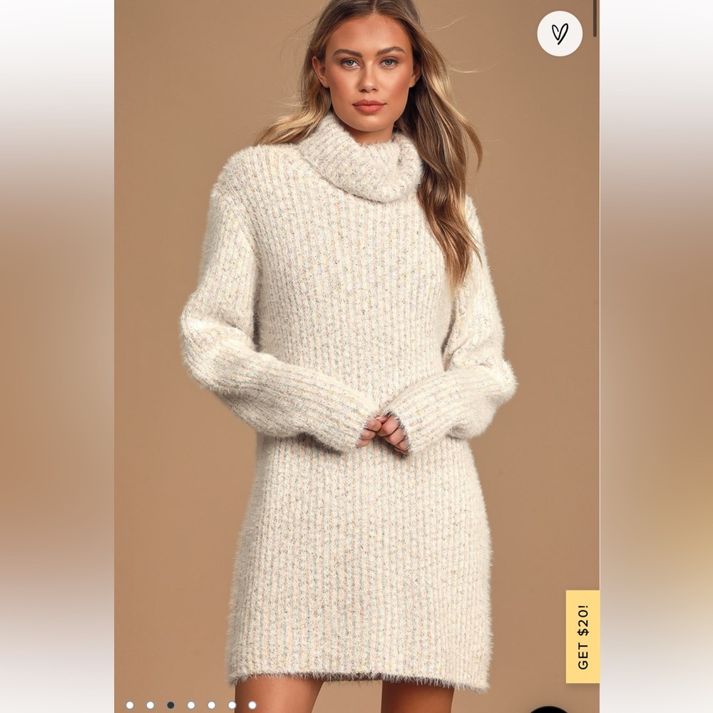 Lulus Ivory Multi Knit Turtleneck Sweater Dress